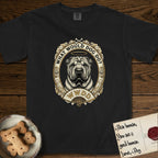 What Would Dog Do Shar-Pei T-Shirt flat lay in Black, featuring a vintage gold portrait medallion of a haloed wrinkled Shar-Pei in an ornate scrolled frame with a folding fan banner and the question What Would Dog Do.