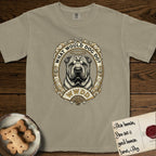 What Would Dog Do Shar-Pei T-Shirt flat lay in Khaki, featuring a vintage gold portrait medallion of a haloed wrinkled Shar-Pei in an ornate scrolled frame with a folding fan banner and the question What Would Dog Do.