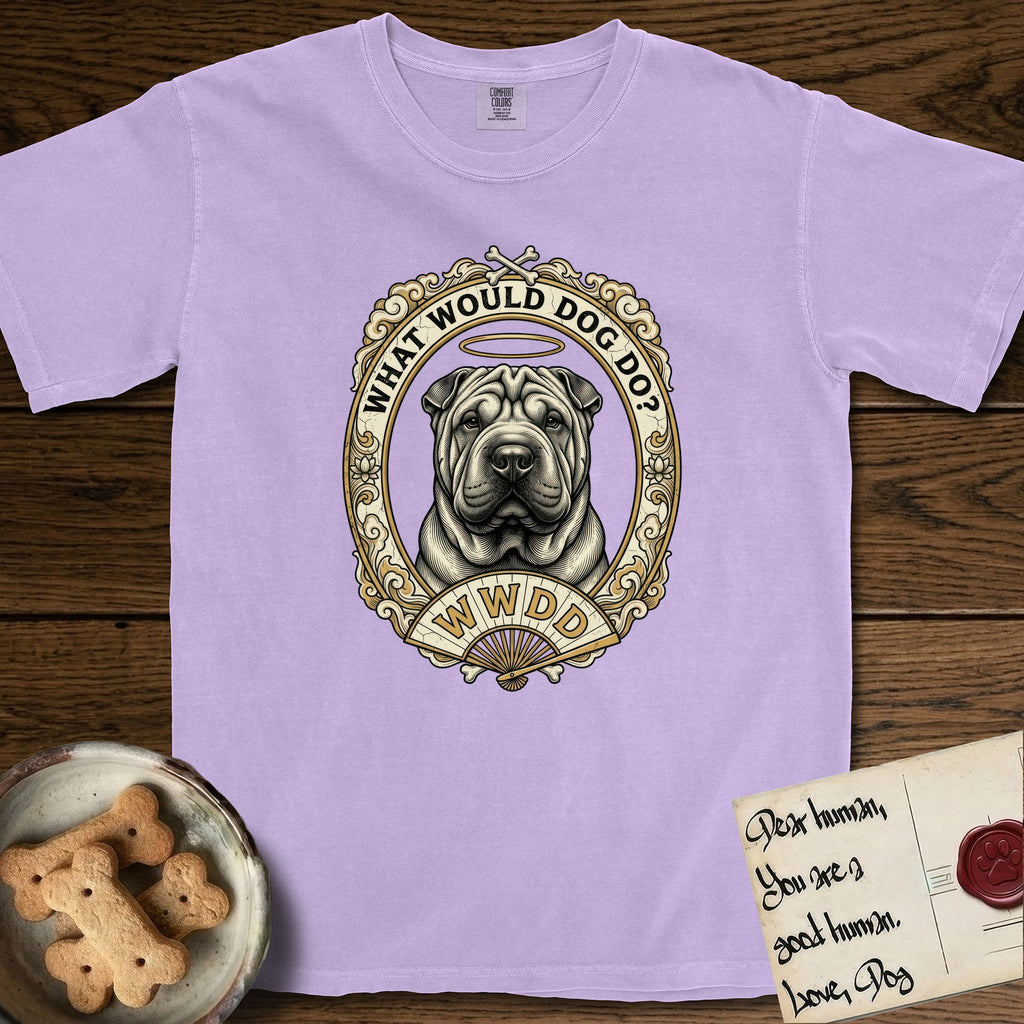 What Would Dog Do Shar-Pei T-Shirt flat lay in Orchid, featuring a vintage gold portrait medallion of a haloed wrinkled Shar-Pei in an ornate scrolled frame with a folding fan banner and the question What Would Dog Do.