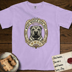 What Would Dog Do Shar-Pei T-Shirt flat lay in Orchid, featuring a vintage gold portrait medallion of a haloed wrinkled Shar-Pei in an ornate scrolled frame with a folding fan banner and the question What Would Dog Do.