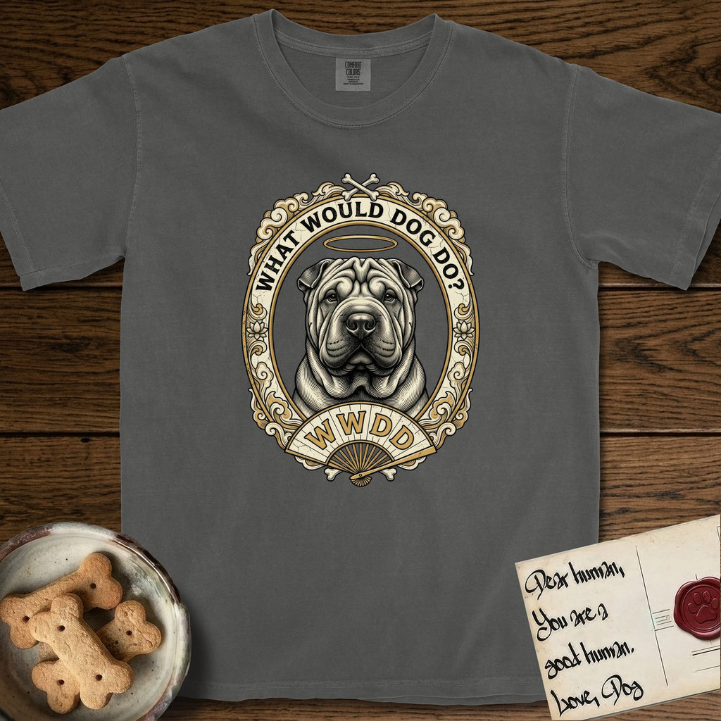 What Would Dog Do Shar-Pei T-Shirt flat lay in Pepper, featuring a vintage gold portrait medallion of a haloed wrinkled Shar-Pei in an ornate scrolled frame with a folding fan banner and the question What Would Dog Do.