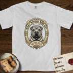 What Would Dog Do Shar-Pei T-Shirt flat lay in White, featuring a vintage gold portrait medallion of a haloed wrinkled Shar-Pei in an ornate scrolled frame with a folding fan banner and the question What Would Dog Do.
