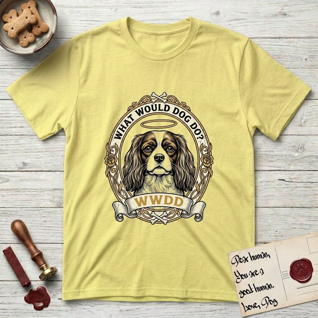What Would Dog Do Spaniel T-Shirt flat lay in Cornsilk, featuring a rose-bordered gold portrait medallion of a haloed Cavalier King Charles Spaniel with the question What Would Dog Do.