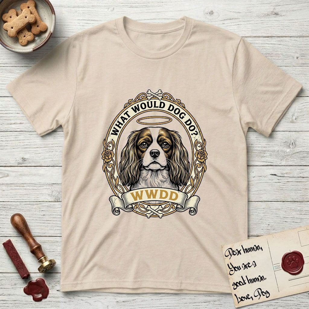 What Would Dog Do Spaniel T-Shirt flat lay in Sand, featuring a rose-bordered gold portrait medallion of a haloed Cavalier King Charles Spaniel with the question What Would Dog Do.
