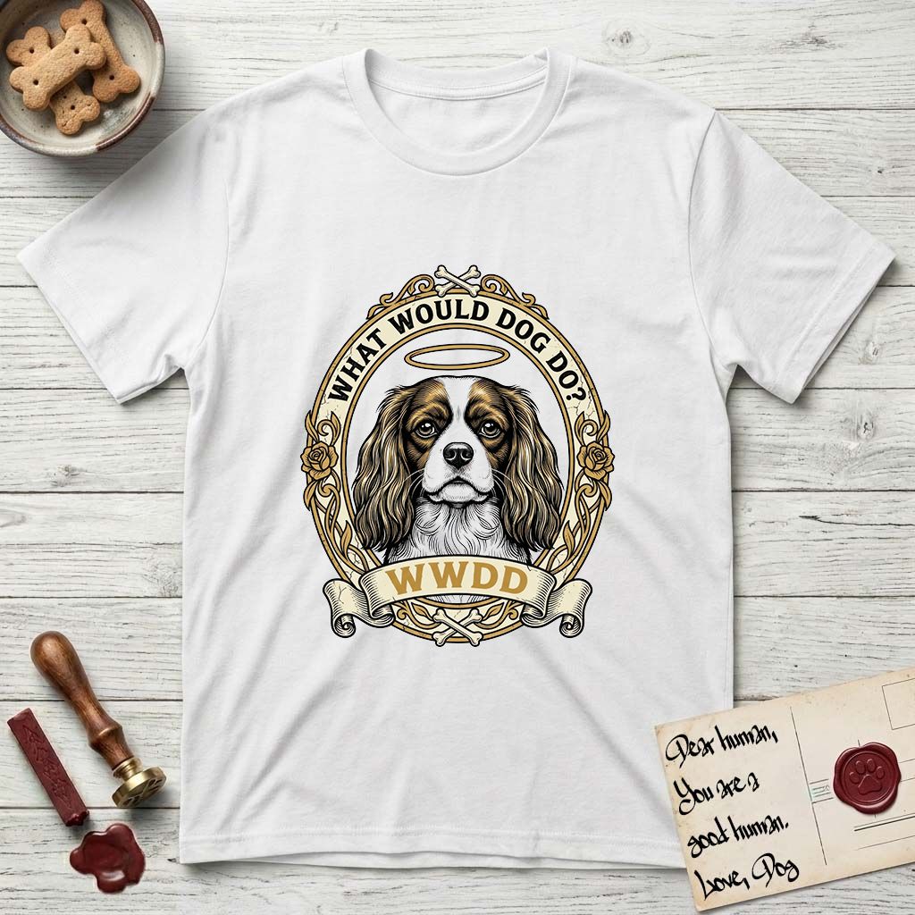 What Would Dog Do Spaniel T-Shirt flat lay in White, featuring a rose-bordered gold portrait medallion of a haloed Cavalier King Charles Spaniel with the question What Would Dog Do.