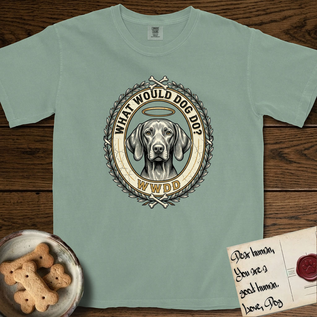 What Would Dog Do Vizsla T-Shirt flat lay in Bay, featuring a laurel-wreath framed gold portrait medallion of a haloed Vizsla with the question What Would Dog Do.