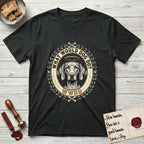 What Would Dog Do Vizsla T-Shirt flat lay in Black, featuring a laurel-wreath framed gold portrait medallion of a haloed Vizsla with the question What Would Dog Do.