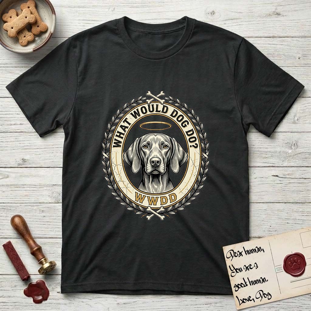 What Would Dog Do Vizsla T-Shirt flat lay in Black, featuring a laurel-wreath framed gold portrait medallion of a haloed Vizsla with the question What Would Dog Do.
