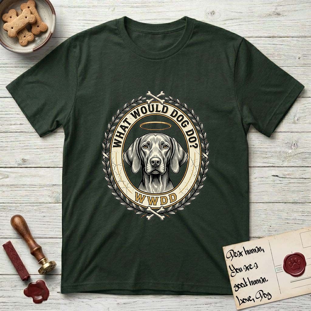 What Would Dog Do Vizsla T-Shirt flat lay in Forest Green, featuring a laurel-wreath framed gold portrait medallion of a haloed Vizsla with the question What Would Dog Do.