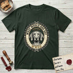 What Would Dog Do Vizsla T-Shirt flat lay in Forest Green, featuring a laurel-wreath framed gold portrait medallion of a haloed Vizsla with the question What Would Dog Do.
