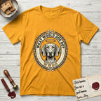 What Would Dog Do Vizsla T-Shirt flat lay in Gold, featuring a laurel-wreath framed gold portrait medallion of a haloed Vizsla with the question What Would Dog Do.