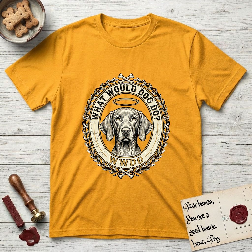 What Would Dog Do Vizsla T-Shirt flat lay in Gold, featuring a laurel-wreath framed gold portrait medallion of a haloed Vizsla with the question What Would Dog Do.