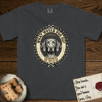 What Would Dog Do Vizsla T-Shirt flat lay in Graphite, featuring a laurel-wreath framed gold portrait medallion of a haloed Vizsla with the question What Would Dog Do.