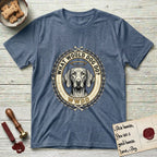 What Would Dog Do Vizsla T-Shirt flat lay in Heather Indigo, featuring a laurel-wreath framed gold portrait medallion of a haloed Vizsla with the question What Would Dog Do.