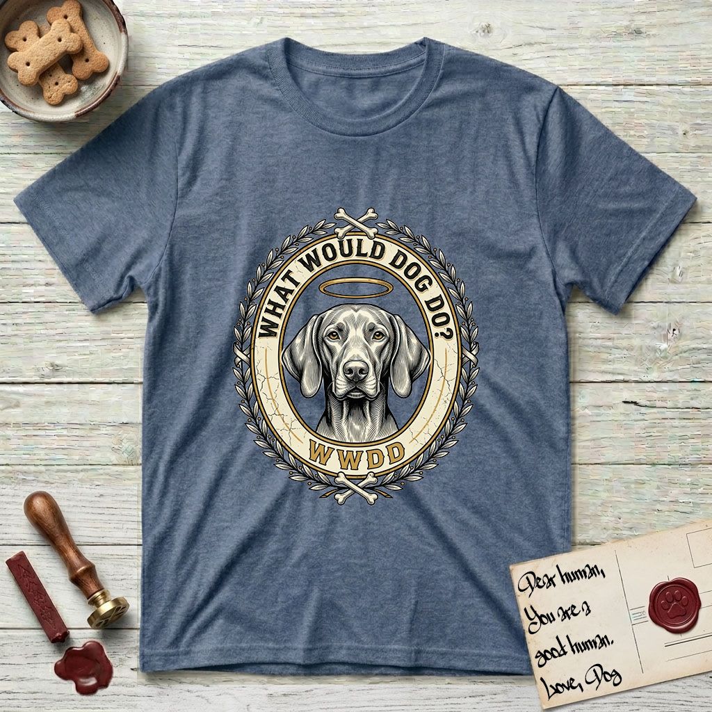 What Would Dog Do Vizsla T-Shirt flat lay in Heather Indigo, featuring a laurel-wreath framed gold portrait medallion of a haloed Vizsla with the question What Would Dog Do.