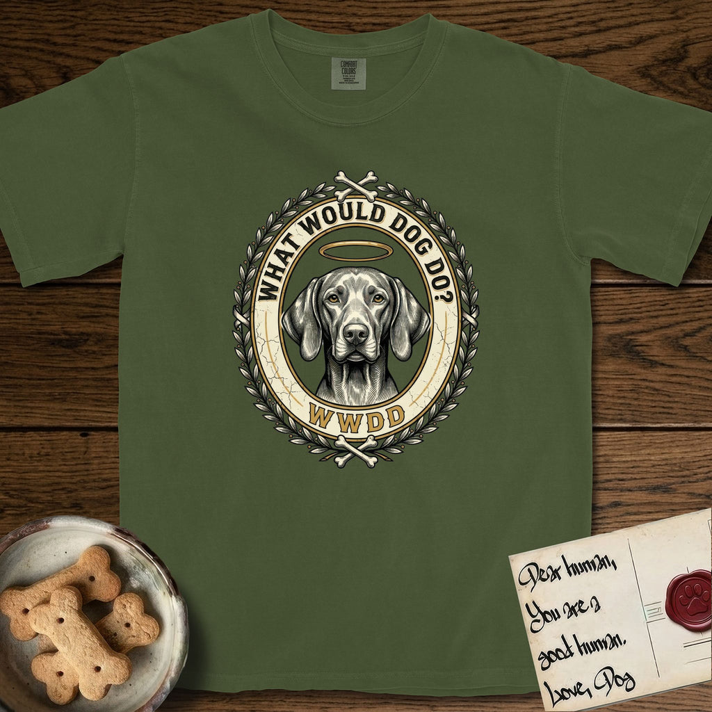 What Would Dog Do Vizsla T-Shirt flat lay in Hemp, featuring a laurel-wreath framed gold portrait medallion of a haloed Vizsla with the question What Would Dog Do.