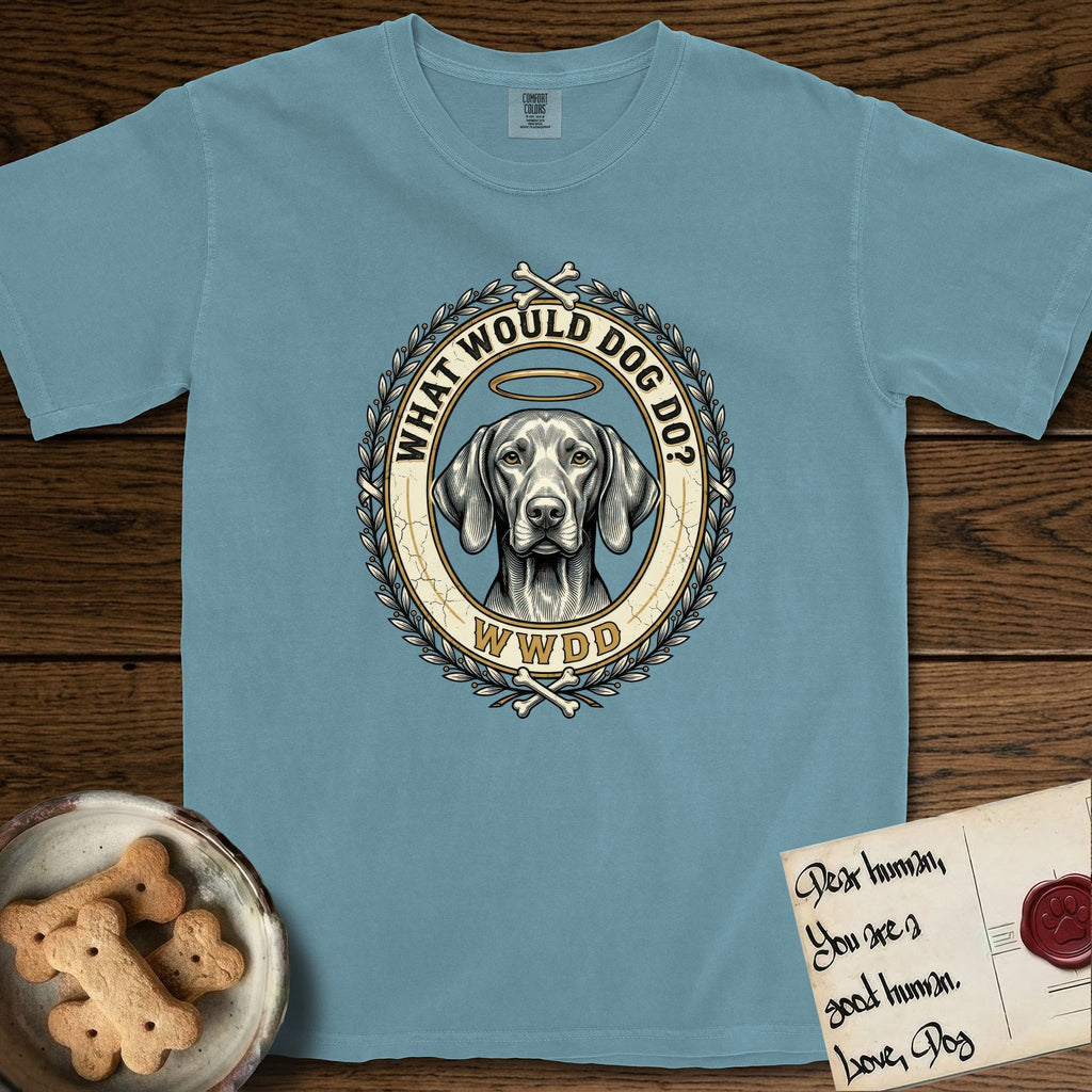 What Would Dog Do Vizsla T-Shirt flat lay in Ice Blue, featuring a laurel-wreath framed gold portrait medallion of a haloed Vizsla with the question What Would Dog Do.
