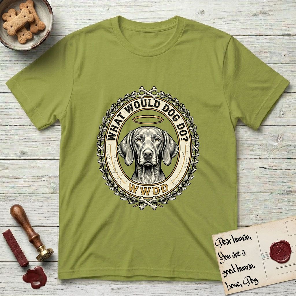 What Would Dog Do Vizsla T-Shirt flat lay in Kiwi, featuring a laurel-wreath framed gold portrait medallion of a haloed Vizsla with the question What Would Dog Do.