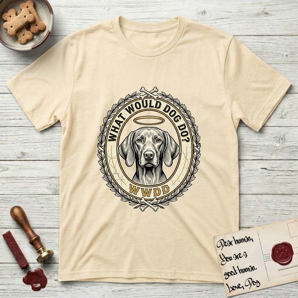 What Would Dog Do Vizsla T-Shirt flat lay in Natural, featuring a laurel-wreath framed gold portrait medallion of a haloed Vizsla with the question What Would Dog Do.