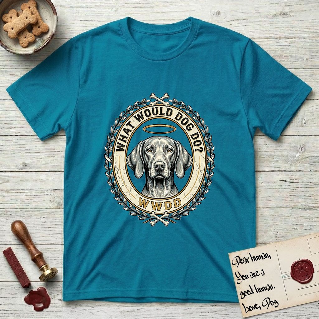 What Would Dog Do Vizsla T-Shirt flat lay in Tropical Blue, featuring a laurel-wreath framed gold portrait medallion of a haloed Vizsla with the question What Would Dog Do.