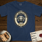 What Would Dog Do Vizsla T-Shirt flat lay in True Navy, featuring a laurel-wreath framed gold portrait medallion of a haloed Vizsla with the question What Would Dog Do.