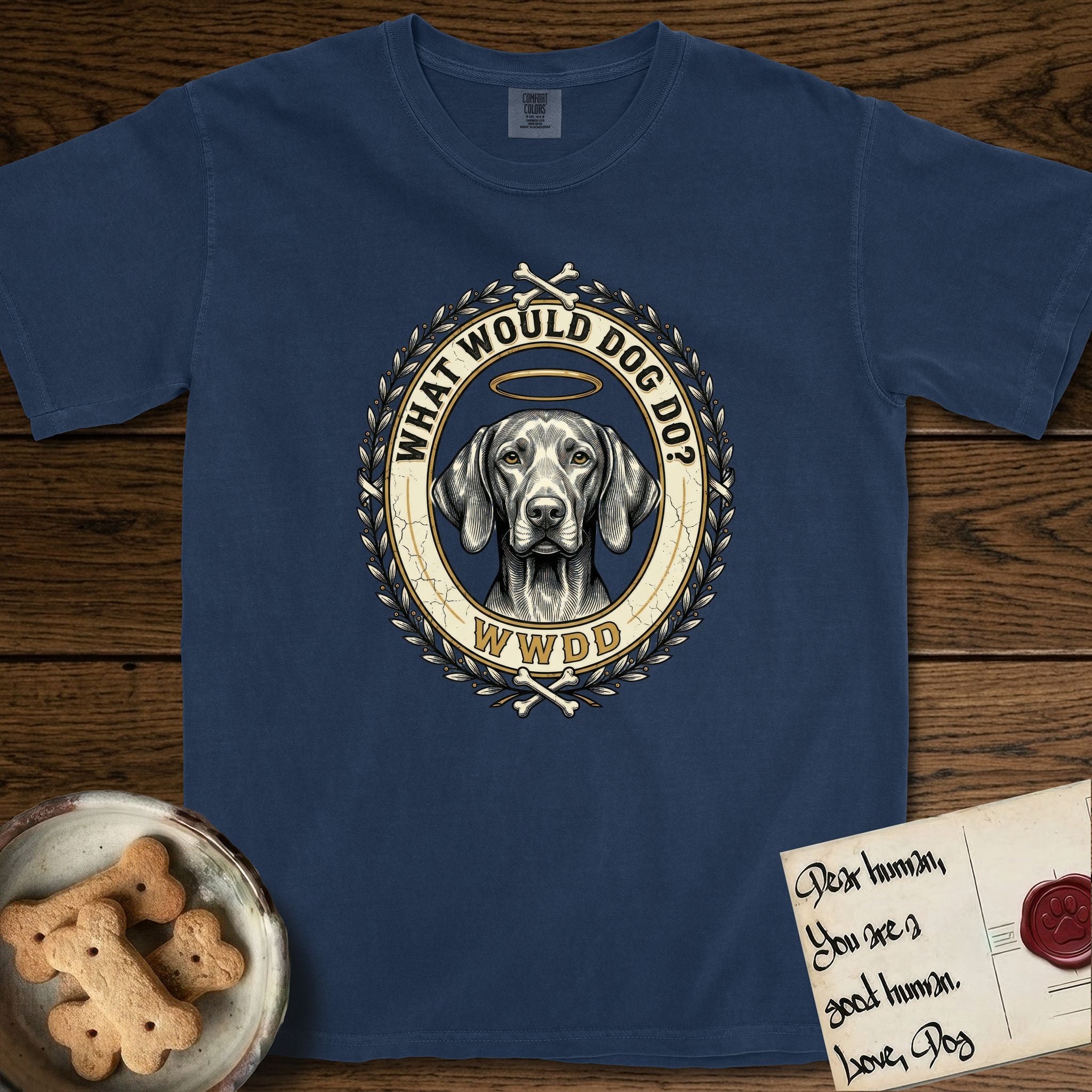What Would Dog Do Vizsla T-Shirt flat lay in True Navy, featuring a laurel-wreath framed gold portrait medallion of a haloed Vizsla with the question What Would Dog Do.