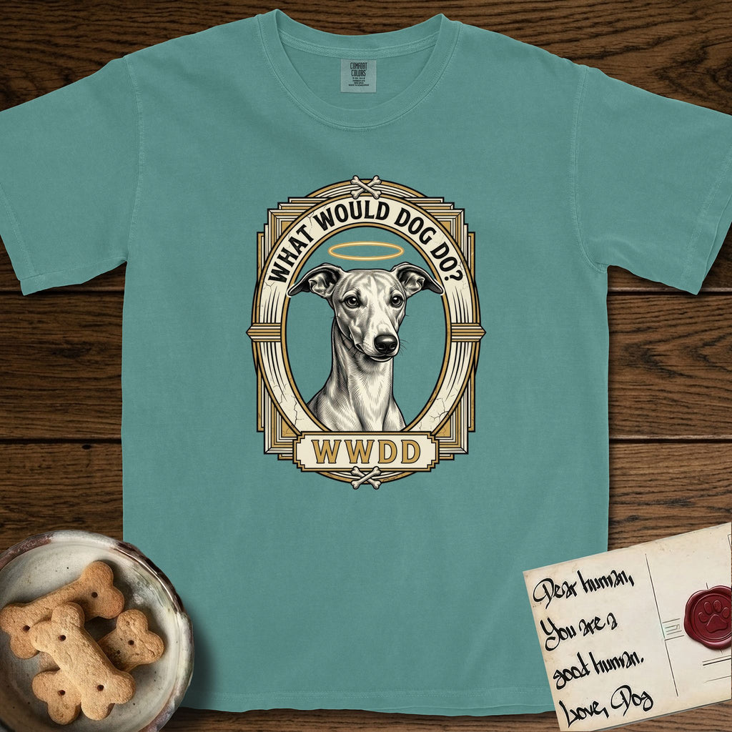 What Would Dog Do Whippet T-Shirt flat lay in Blue Spruce, featuring a vintage gold portrait medallion of a haloed Whippet in an Art Deco stepped frame with the question What Would Dog Do.