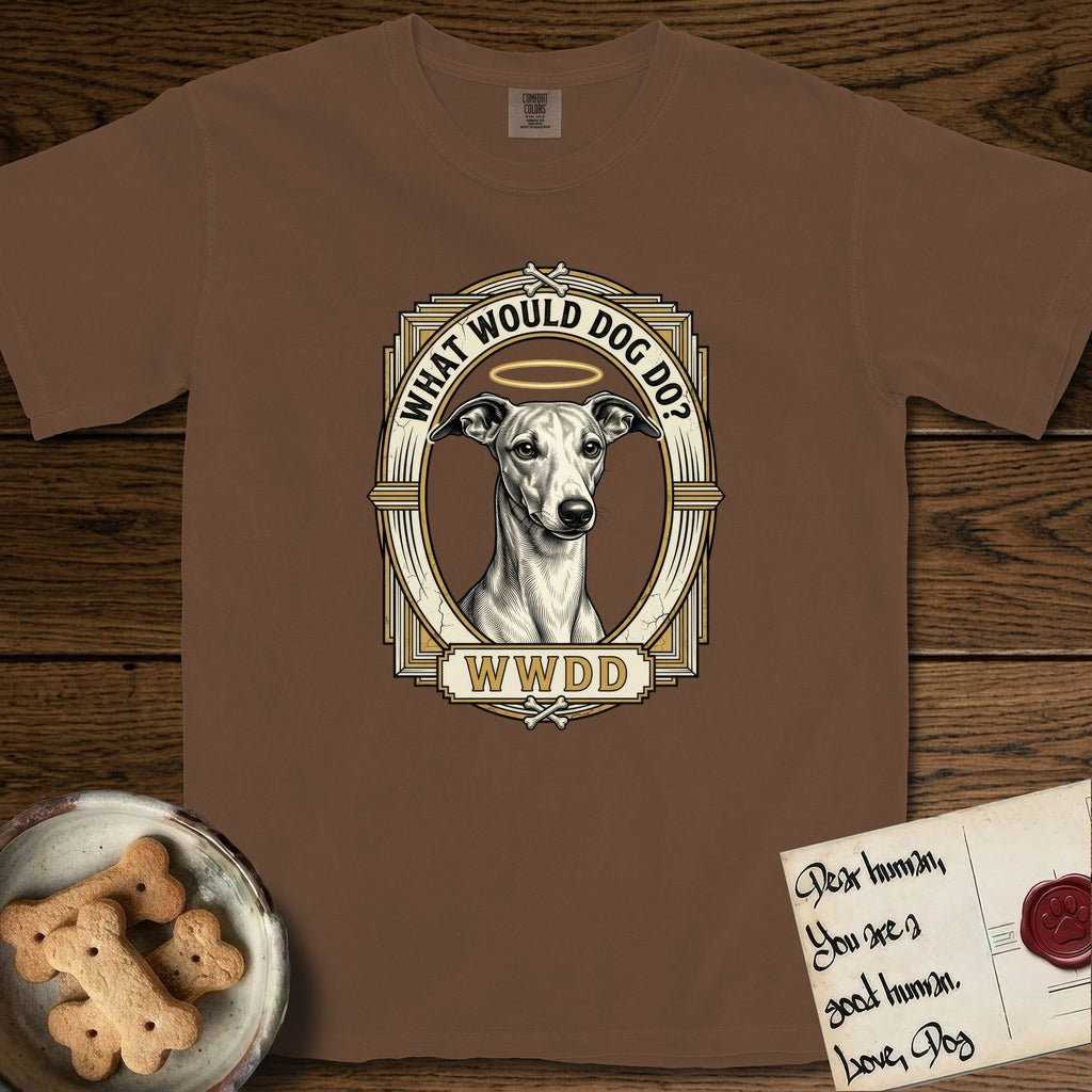 What Would Dog Do Whippet T-Shirt flat lay in Espresso, featuring a vintage gold portrait medallion of a haloed Whippet in an Art Deco stepped frame with the question What Would Dog Do.