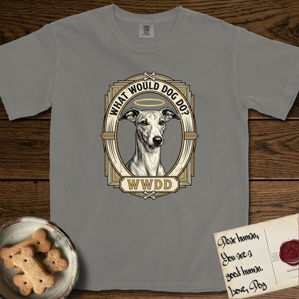 What Would Dog Do Whippet T-Shirt flat lay in Grey, featuring a vintage gold portrait medallion of a haloed Whippet in an Art Deco stepped frame with the question What Would Dog Do.