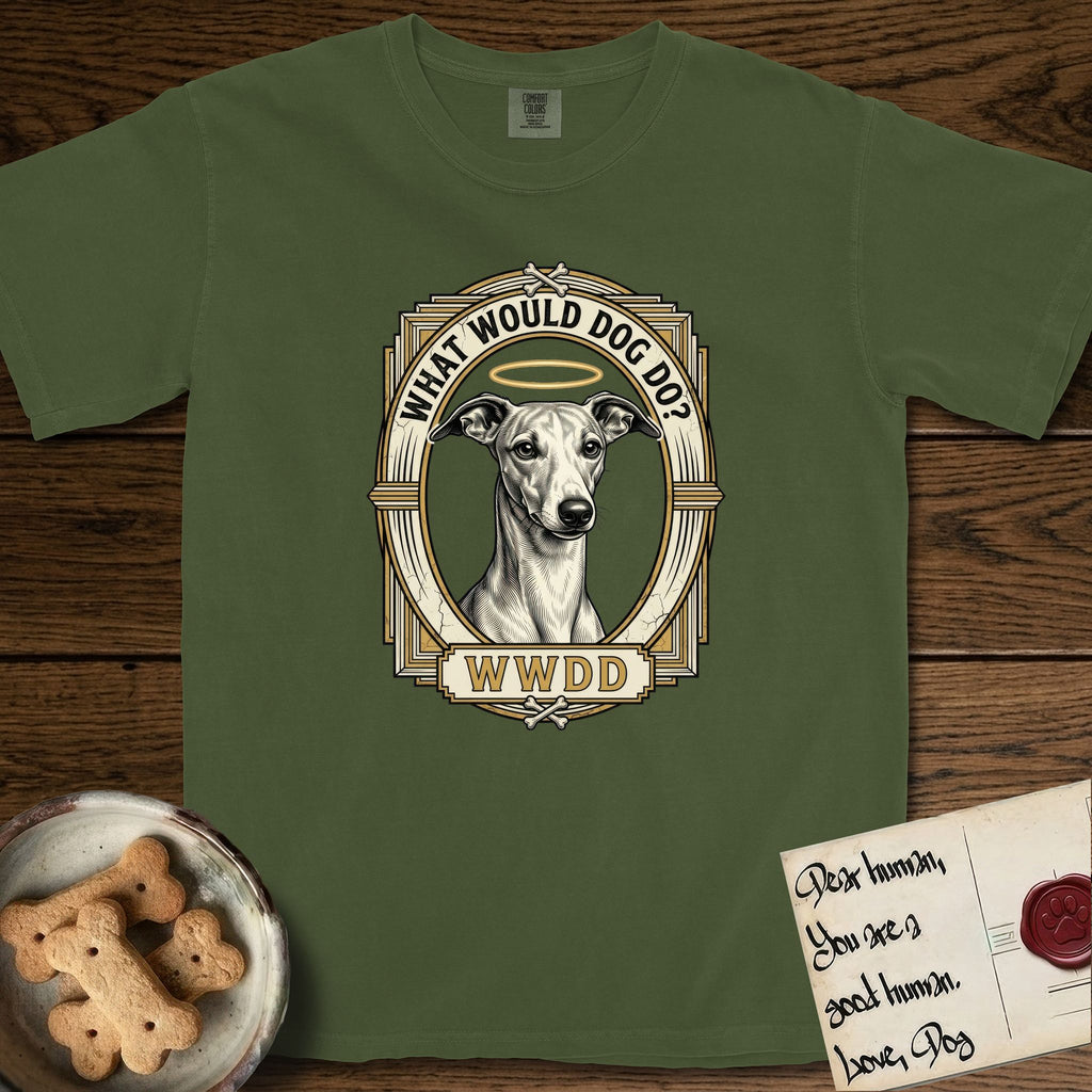 What Would Dog Do Whippet T-Shirt flat lay in Hemp, featuring a vintage gold portrait medallion of a haloed Whippet in an Art Deco stepped frame with the question What Would Dog Do.