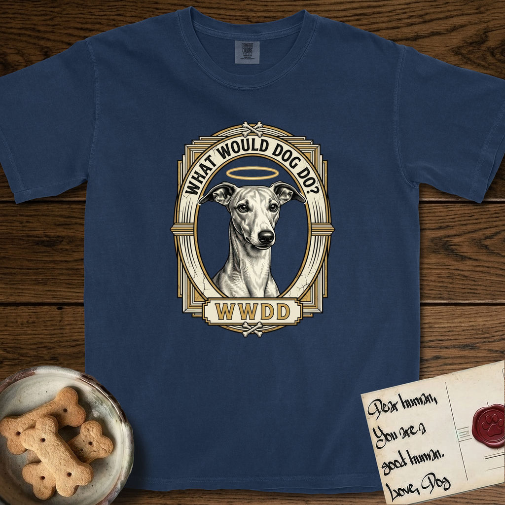 What Would Dog Do Whippet T-Shirt flat lay in True Navy, featuring a vintage gold portrait medallion of a haloed Whippet in an Art Deco stepped frame with the question What Would Dog Do.
