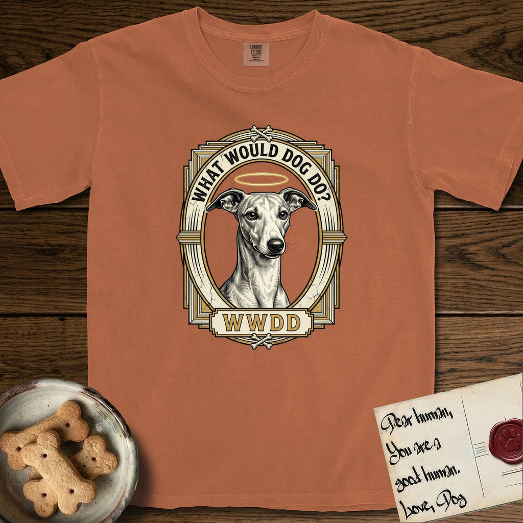What Would Dog Do Whippet T-Shirt flat lay in Yam, featuring a vintage gold portrait medallion of a haloed Whippet in an Art Deco stepped frame with the question What Would Dog Do.